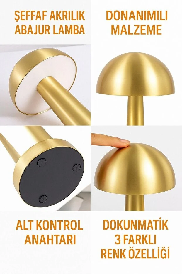 Mantar Masa Lambası Gold Renk Kablosuz Ledli 3renk Dokunmatik Şarjlı